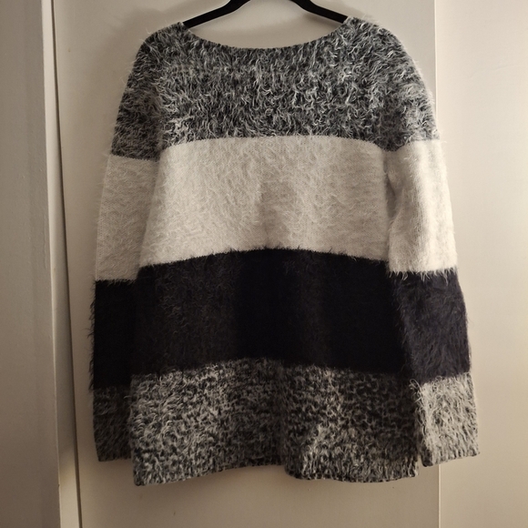 VENUS Women's Fuzzy Striped Sweater - Black, Gray, and White - Picture 2 of 7